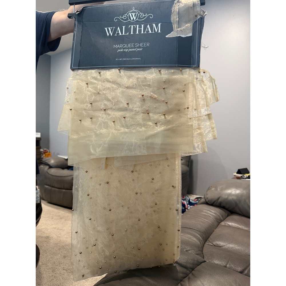 Waltham Marquee Sheer Beaded Pole Top Curtain Panel Pair 76x96 Tonal set of 2